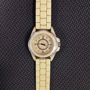 Geneva Platinum Womens Watch With Rhinestone Bezel & Yellow Silicone Strap - Sta